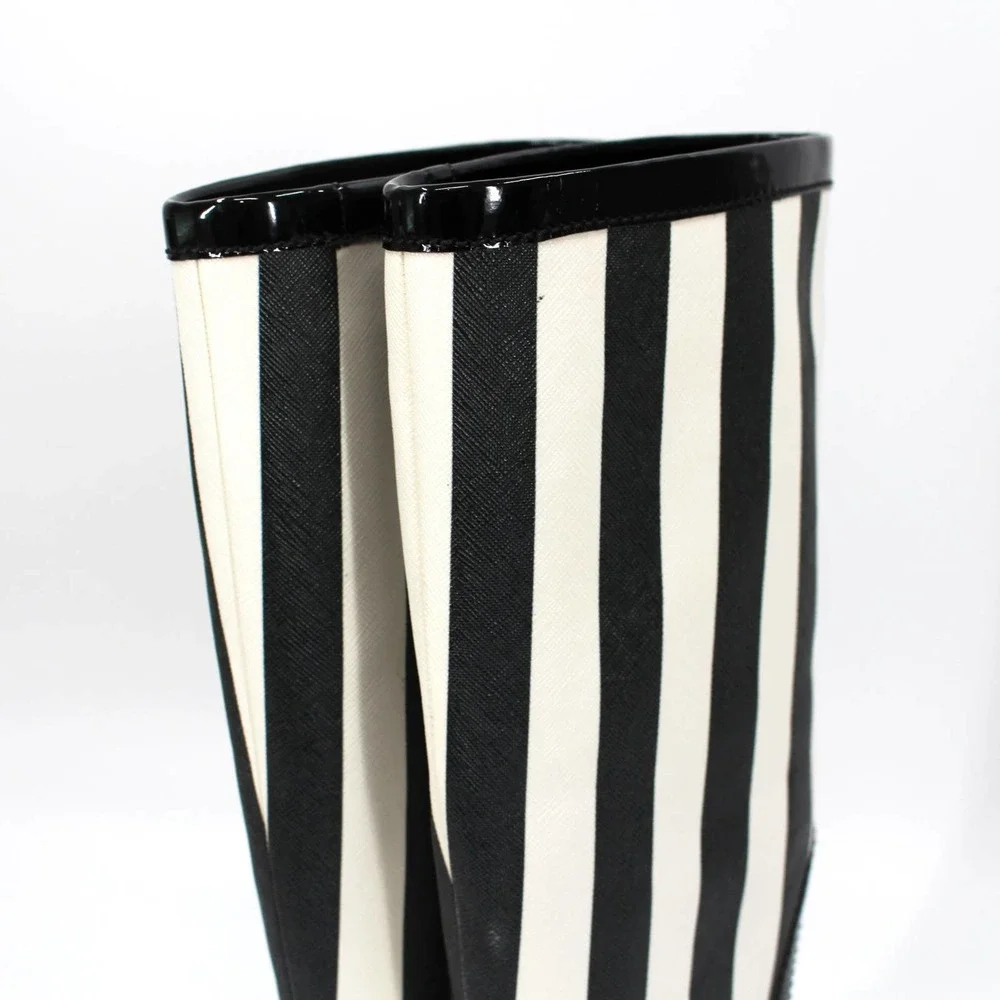 Dolce & Gabbana Wellington Knee High Black White Striped Rain Boots 37 D&G Shoes